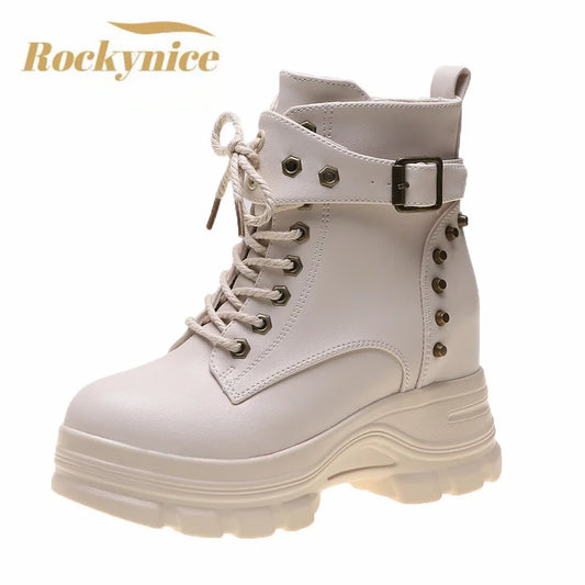 Women Ankle Boots Autumn Wedges Platform Gothic Sneakers Winter Leather Warm Plush Motorcycle Boots Woman Rivet 9CM High Heels